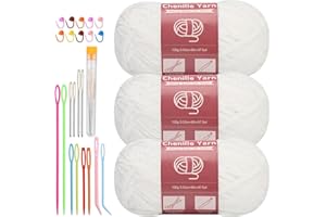 LUNARM 3 * 100g Chenille Yarn, Yarn for Crocheting Knitting with Big Eye Needles, Handcrafts Weaving Soft Chenille Yarn for Making Blankets, Clothes, Pattern Knitting Creations (White)