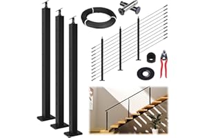 Muzata 10-15FT Modular Black Cable Railing Kit 36 Inch 3 Stair Post Kit Complete Set Cable Railing System for Stairs Length Adjustable Easy DIY with Paper User Guide (No Handrail) RWS1 BA4S