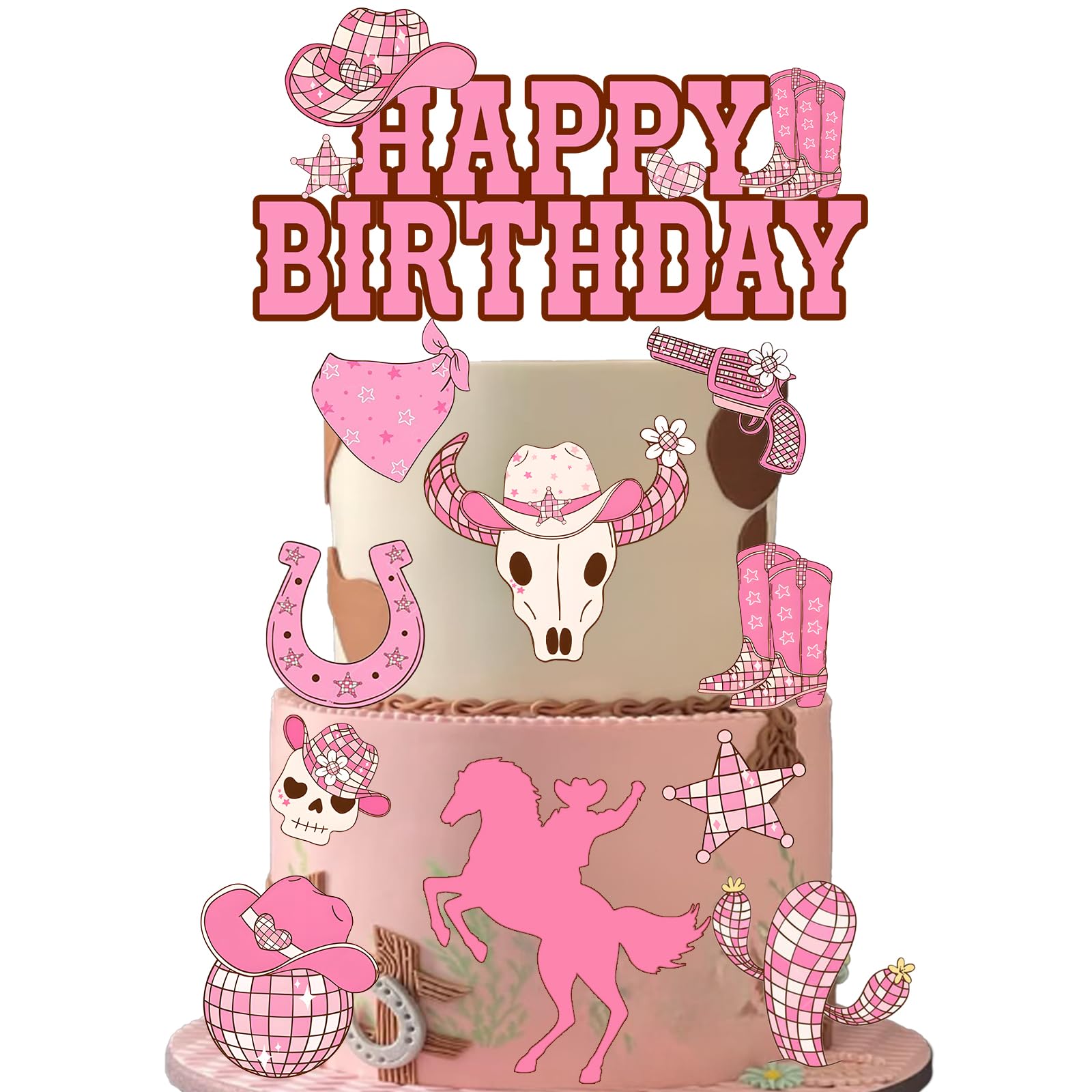 Photo 1 of 11Pcs Cowgirl Cake Topper, Cowgirl Birthday Party Supplies, Hot Pink Girl Cake Decoration Cowgirl Hat Disco Balls for Western Theme Party