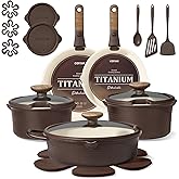 CAROTE 22Pcs Titanium Cookware Set, Pots and Pans Set Non Stick, Kitchen Cooking Set with Detachable Handle, Non Toxic Induction Cookware, Dishwasher/Oven Safe, Browm