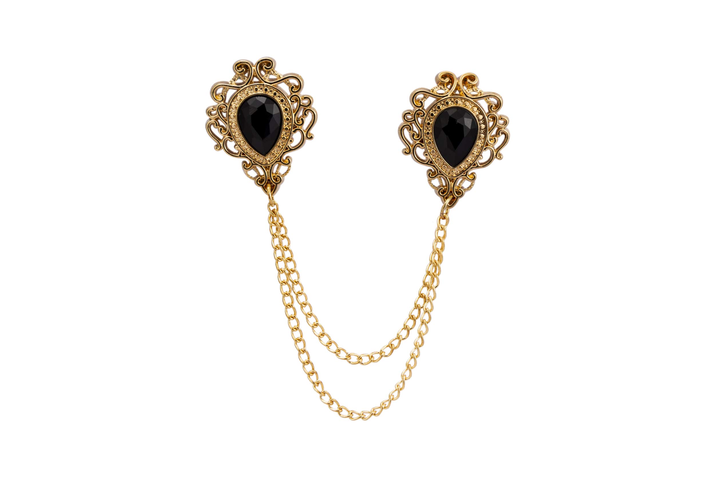 Brooch Lapel Pin for Men Black Stone and Gold Engraving Chain Lapel Pin Badge Coat Suit Wedding Gift Party Shirt Collar Accessories