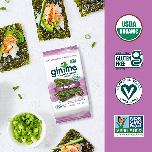 GIMME SEAWEED ORGANIC PREMIUM ROASTED SEAWEED SNACKS, TERIYAKI, 10G SHARING PACK (SINGLE) KETO, VEGAN, GLUTEN-FREE, GREAT SOURCE OF OMEGA3S AND IODINE HEALTHY ON-THE-GO SNACK FOR KIDS AND ADULTS