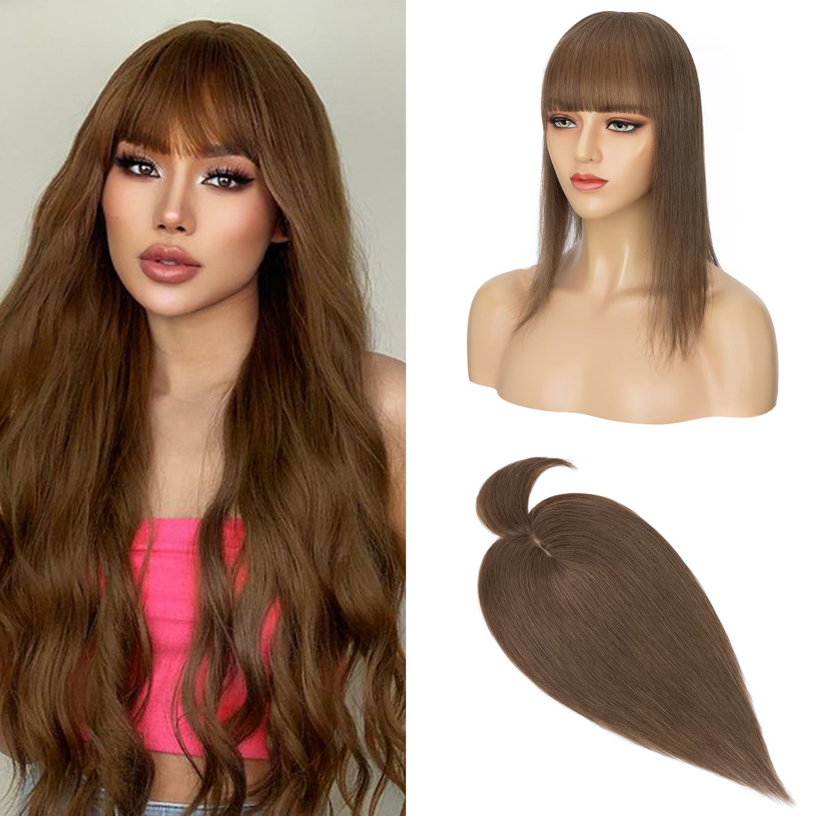 S-noilite Human Hair Toppers With Bang for Thinning Hair Women Real Hair Topper Clip In Hair Extensions 100% Remy Real Human Hair 27g（#4-1 Medium Green Brown, 6 Inch)