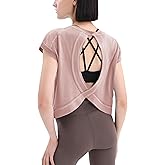Loovoo Cropped T Shirts for Women Open Back Yoga Workout Top Short Sleeve Gym Shirts Athletic Active Top Dark Salmon L