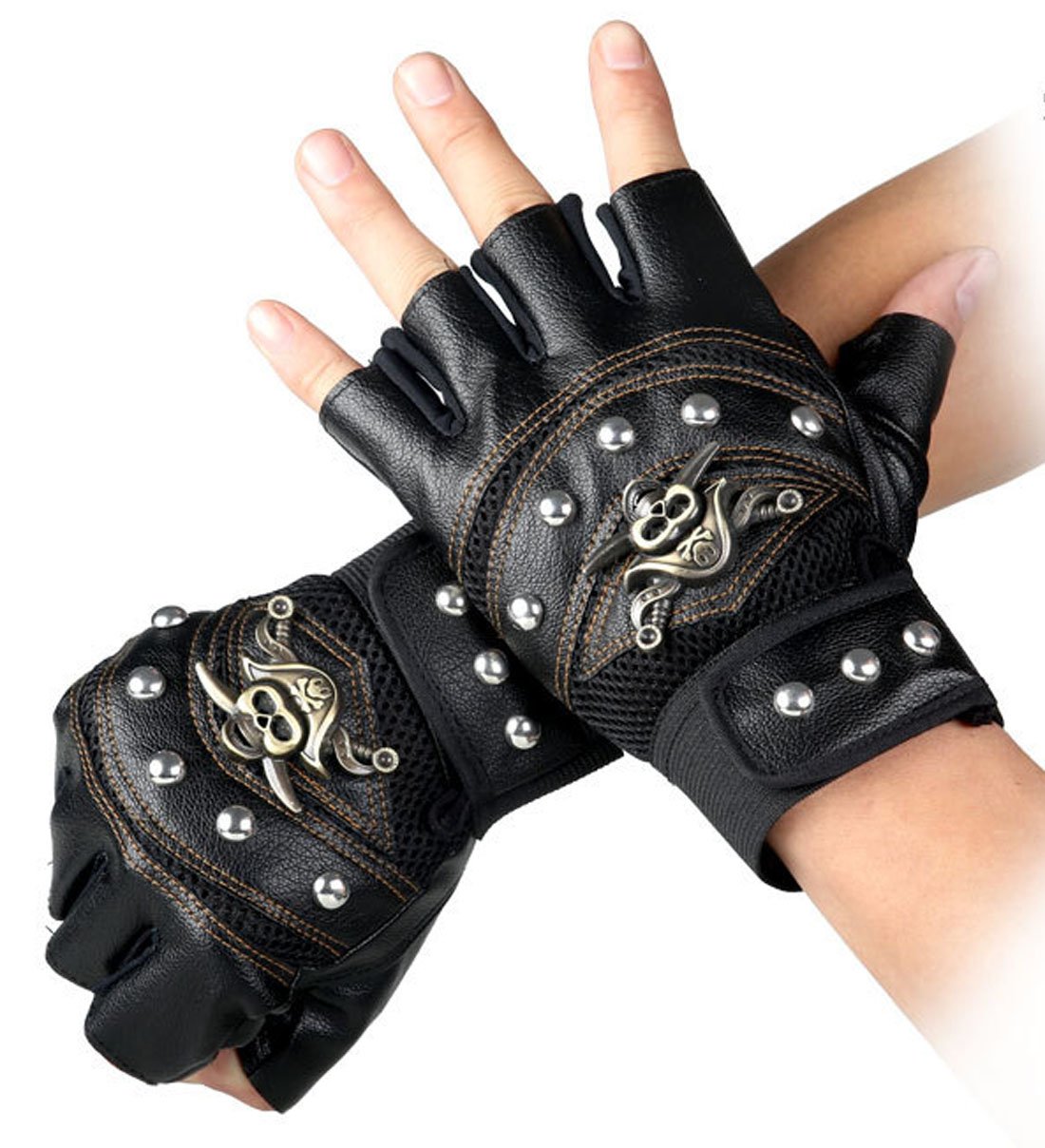 Steampunk Gothic Gloves Men's Vintage Genuine Leather Captain Fingerless Mittens (B Black)(Size: One Size)