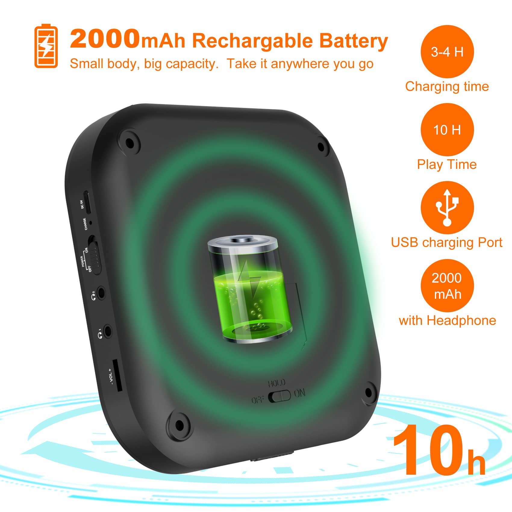 CD Player Portable, MONODEAL Bluetooth CD Player with Speakers and FM Transmitter, Rechargeable 1800mAh Player for Car and Home with LED Screen