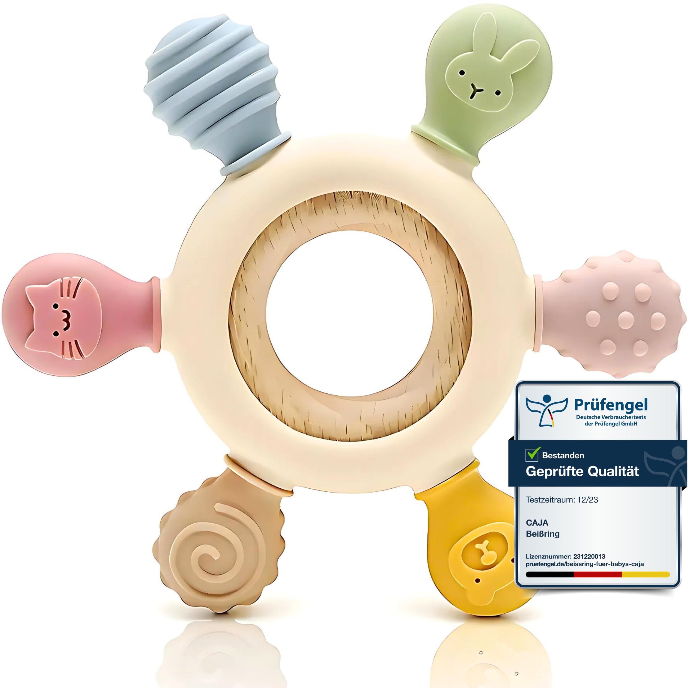 CAJA Beißring Baby BPA freie Zahnungshilfe und Beißspielzeug aus Silikon und Holz Greifring mit Tiermotiv Geschenkidee zur Geburt Sicheres Babyspielzeug für Jungen und Mädchen