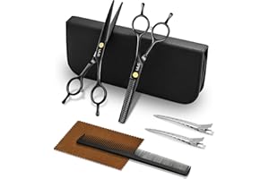 ULG Professional Hair Cutting Scissors Set – 6.5” Japanese Stainless Steel Barber Shears & Thinning Scissors with Comb, Clips & Case – at-Home Salon Haircut Kit for Men, Women, Kids, Black