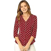 Allegra K Women's Vintage Polka Dots 3/4 Sleeve Button Front V Neck Casual Office Blouse Top
