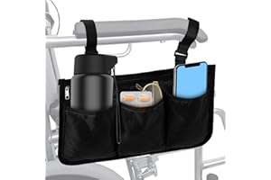 Wheelchair Armrest Organizer, Black Quilted Storage Pouch with Multiple Pockets – Holds Water Bottle, Phone, Medication & Ess