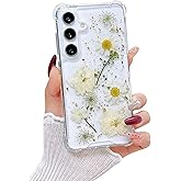 Lewrtser Compatible with Samsung Galaxy S25 Case Cute Pressed Dried Real Flowers Design Women Girly Shockproof Glitter Floral Clear Phone Cover for Galaxy S25 (White Flower)