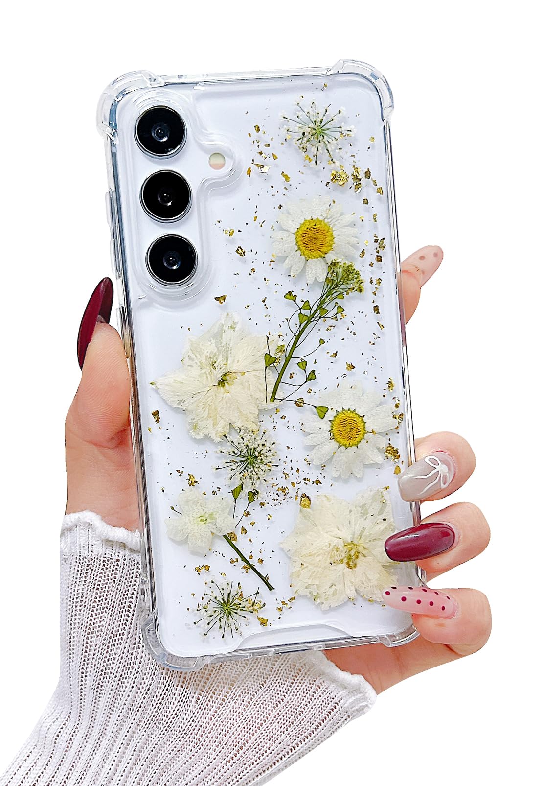 Photo 1 of Lewrtser Compatible with Samsung Galaxy S25 Case Cute Pressed Dried Real Flowers Design Women Girly Shockproof Glitter Floral Clear Phone Cover for Galaxy S25 (White Flower)