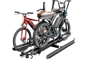 JAIOYIOS E Bike Rack for Tow Hitch 300lbs Load Capacity,Heavy Duty EBike Rack with Ramp for 2 Bikes, Car E-Bike Rack for Light Electric Mopeds,Fits SUV, Truck, RV, Van– E-Bikes, Fat Tire Bicycles