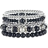 Noessla Beaded Pearl Stretch Bracelet Silver Stackable Crystal Beads Bracelets Trendy Costume Jewelry Mothers Day Gifts for Women