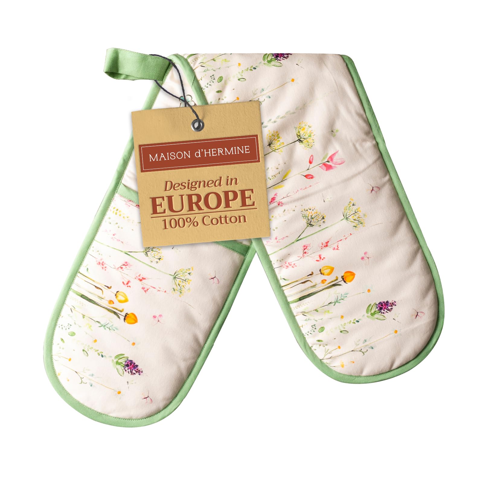 Maison d' Hermine Double Oven Mitts 100% Cotton 18 cm x 89 cm Double Oven Mitt Heat Resistant BBQ Cooking Gloves with Loop Baking Grilling Handling Hot Pans Gifts for Mothers Day (Botanical Fresh) โ image 1