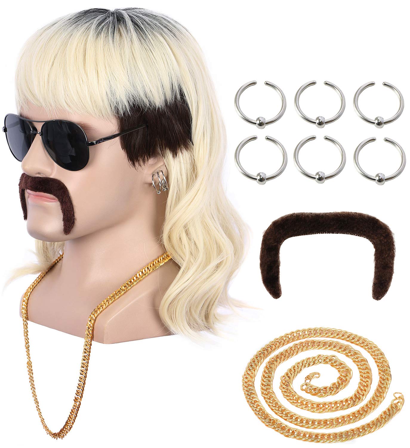 Yuehong Men Short Black Roots Blonde Mullet Wig 70s 80s Rocker Costume Hair with Heat Resistant Synthetic Fibers