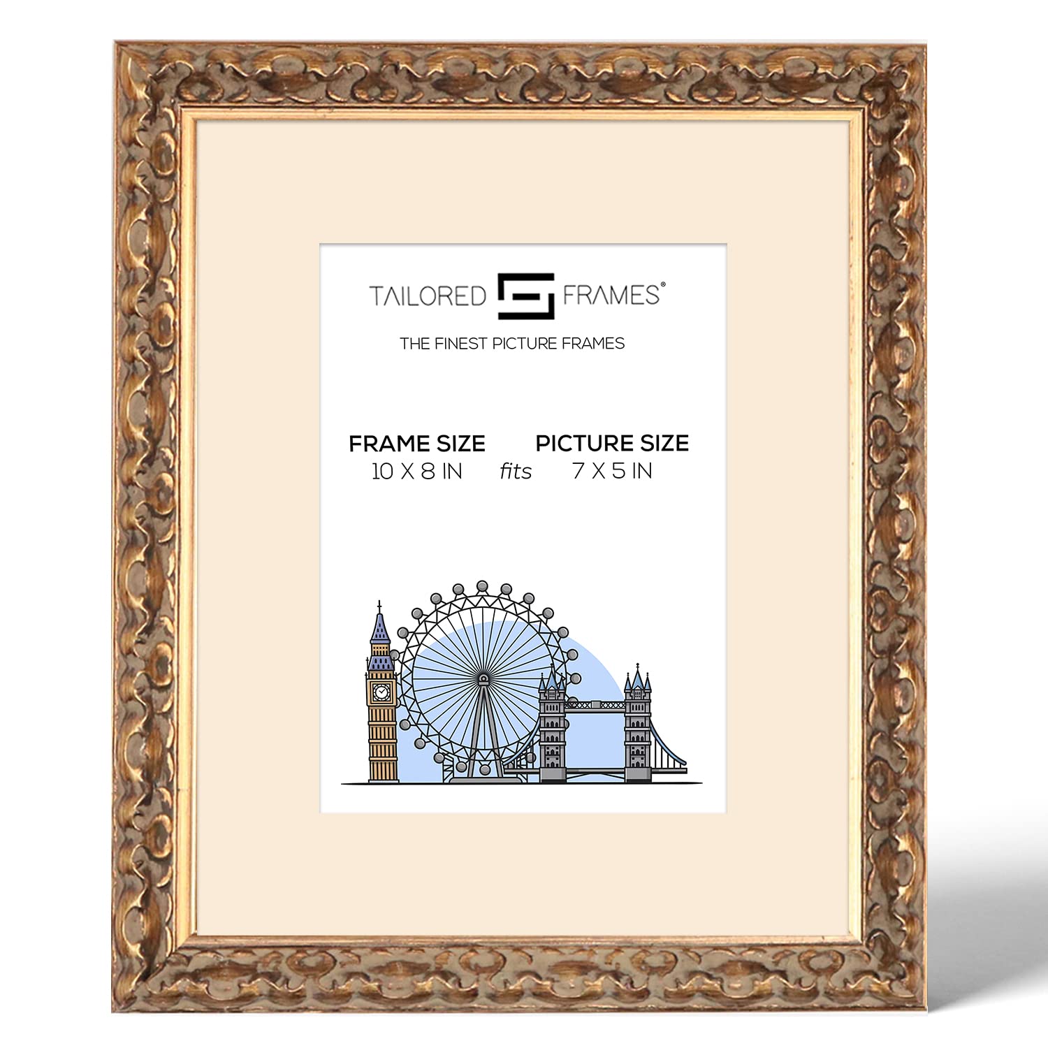 Tailored Frames Vienna Gold 10" x 8" Frame for 7" x 5" Picture | Rustic Style Vintage Single Picture Frame | Table Top & Wall Hanging Type | Photo Frame with Antique White Mount