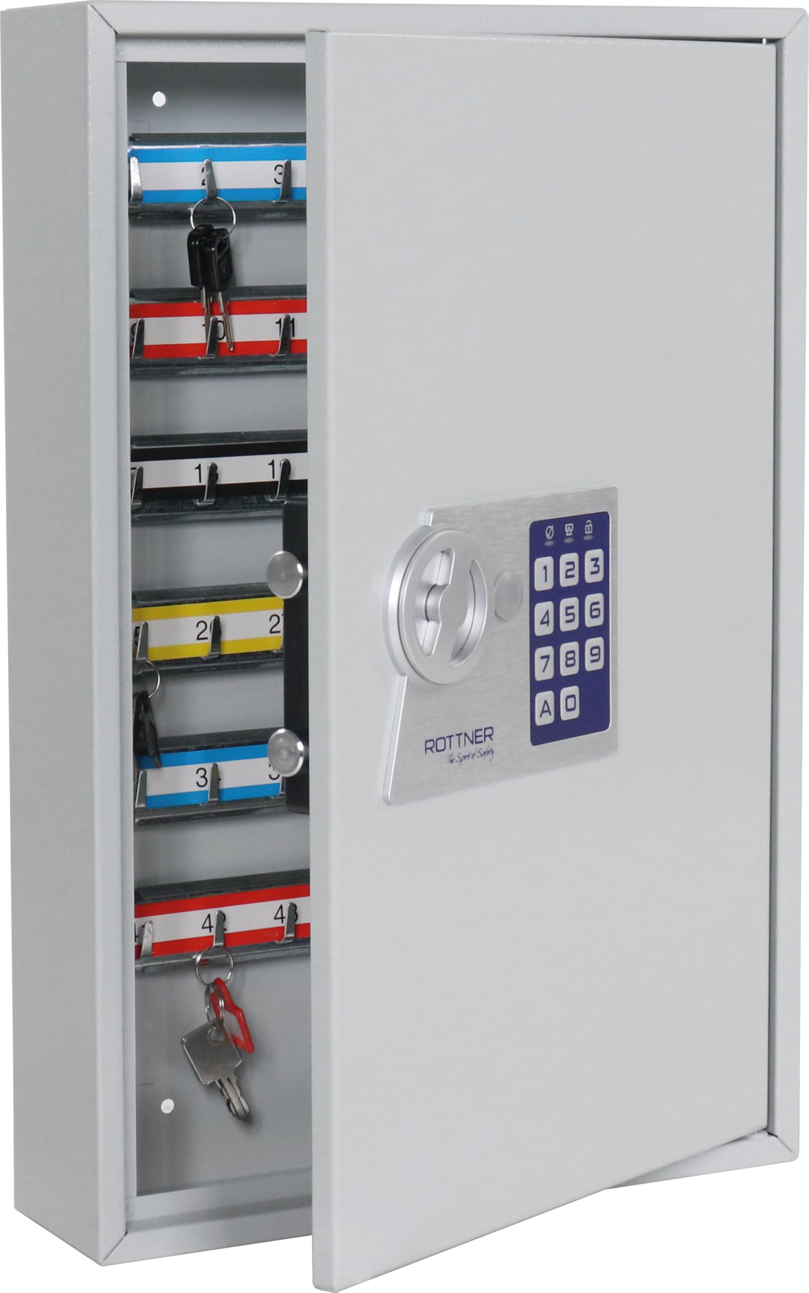 Rottner Key Cabinet S 64 with electronic lock, includes 64 key tags, adjustable hook strip, and mounting materials