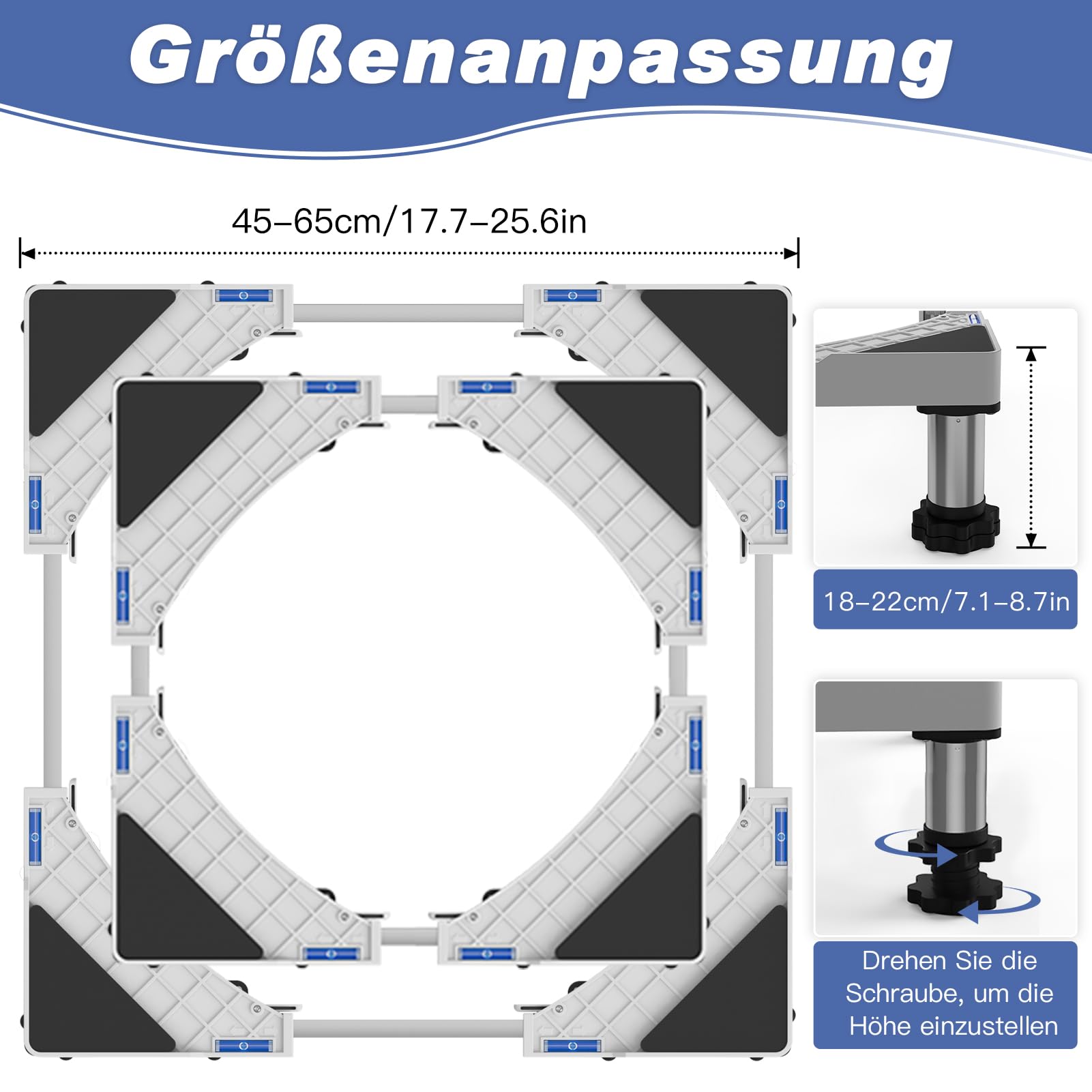 DEWEL Waschmaschine Untergestell Verstellbare Bärenlast 300KG,Waschmaschine Sockel für Trockner Kühlschrank,Gefrierschrank,Waschmaschinen Podest Breite 45-65cm,Höhe 18–22cm,Weiß 7