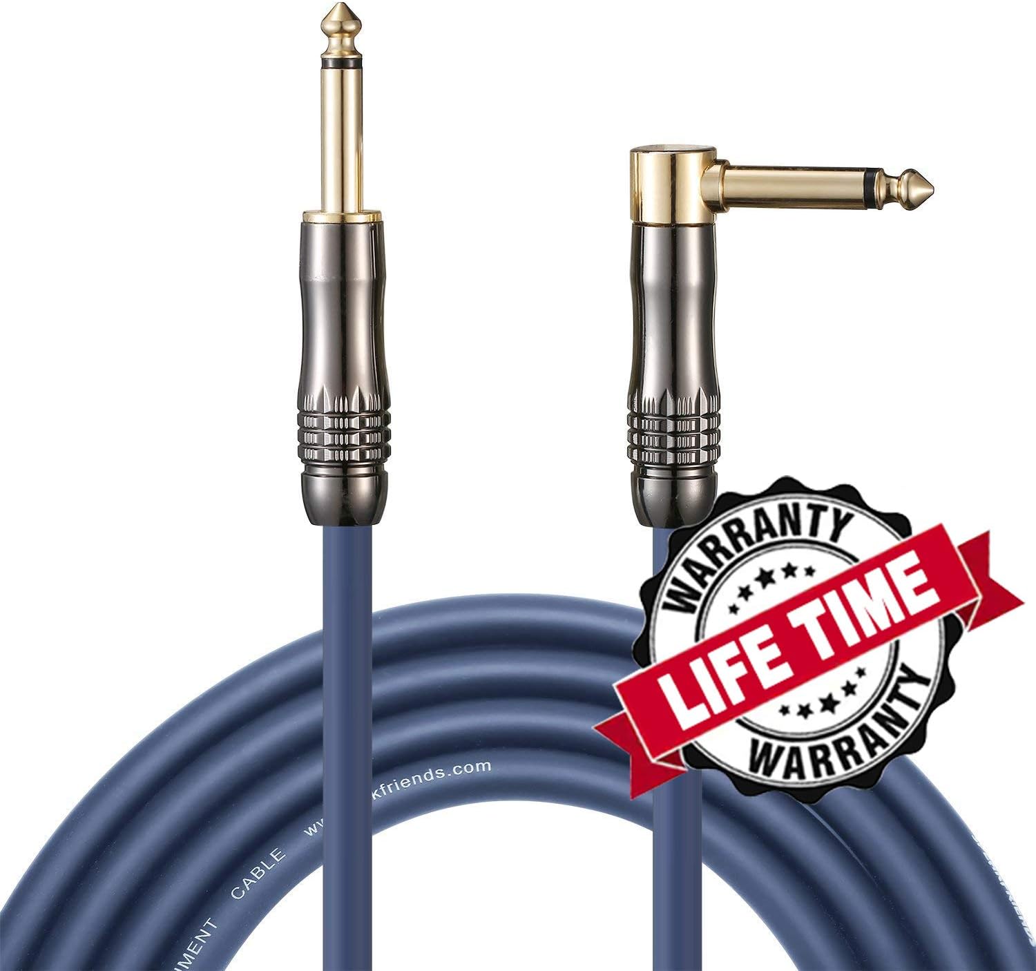 10ft Guitar Cable, 1/4” Straight Jack to Angled Jack, Blue