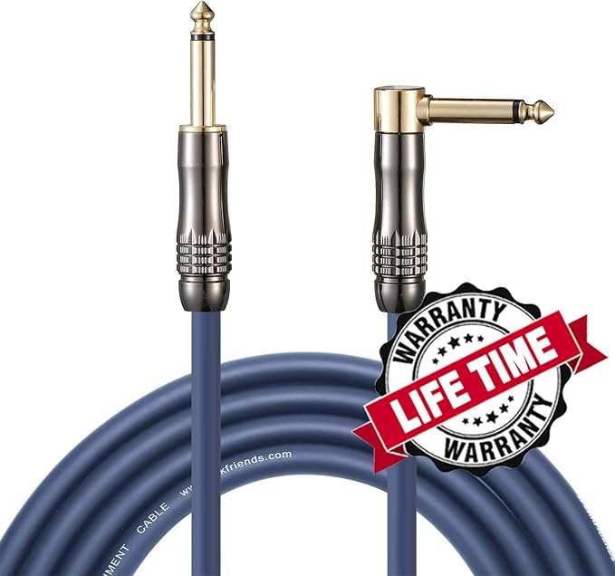 10ft Guitar Cable, 1/4” Straight Jack to Angled Jack, Blue