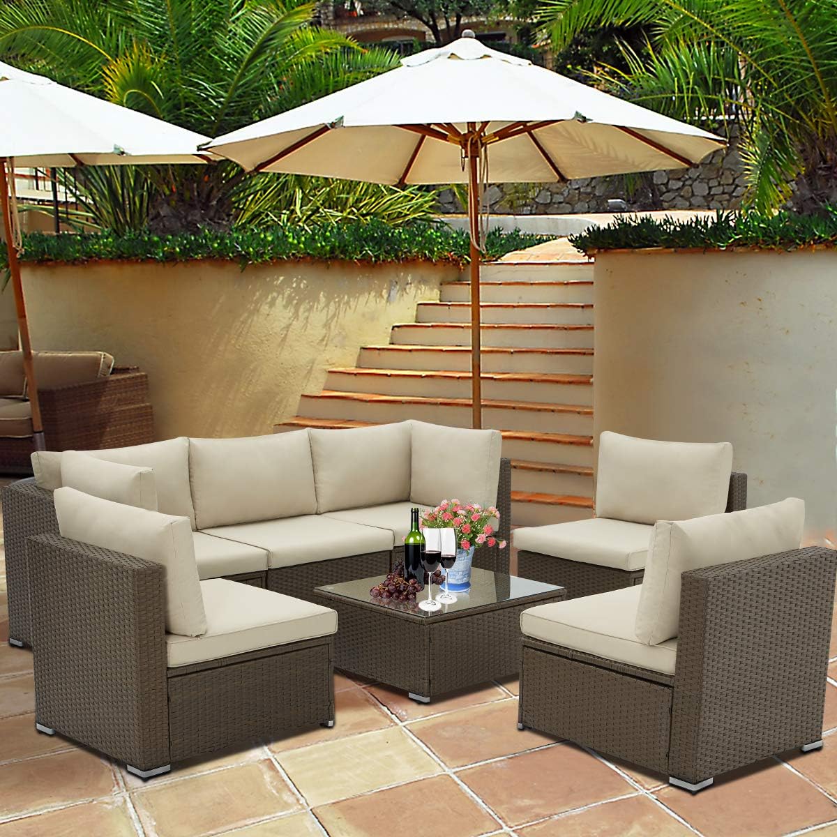 U-MAX 7 Piece Outdoor Patio Furniture Set, PE Rattan Wicker Sofa Set, Outdoor Sectional Furniture Chair Set with Cushions and Tea Table, Brown: Garden & Outdoor