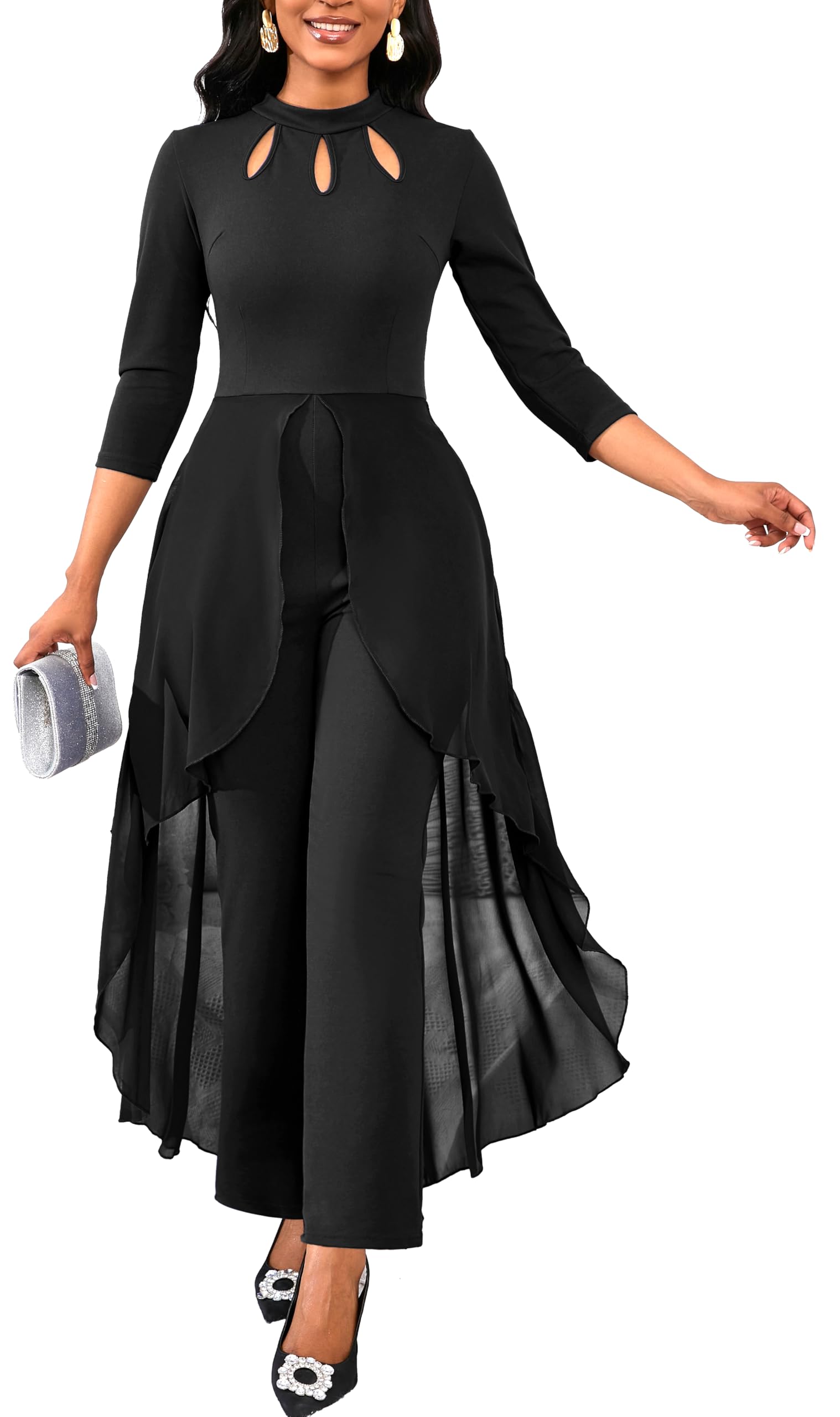 Photo 1 of ****2XL***Black Jumpsuit for Woman Dressy Crew Neck Long Sleeve Hight Waist One Piece Jumpsuit Elegant Casual Straight Long Pants Wide Leg Pants