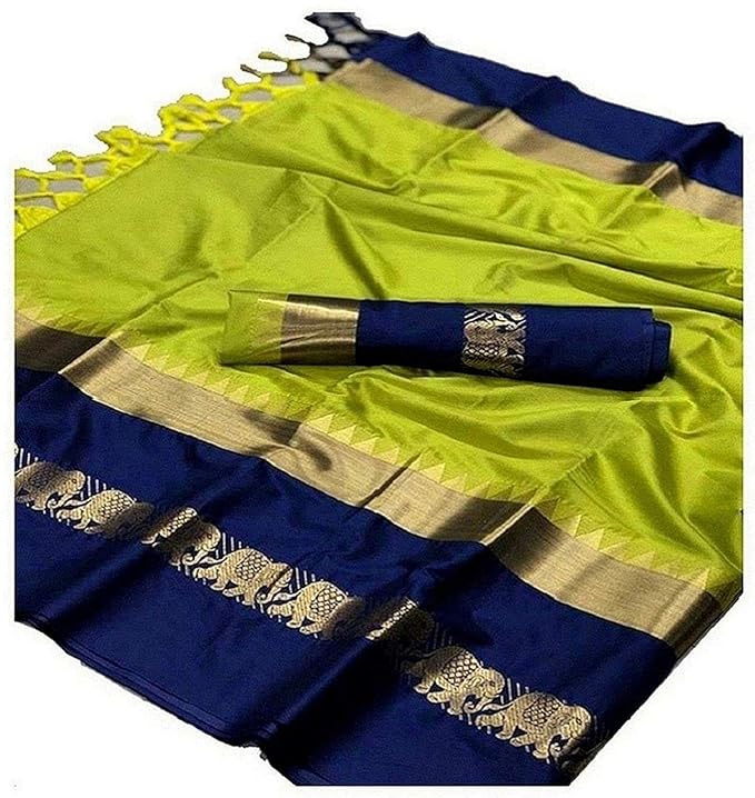 Soft Cotton Silk Multi-Colour Elephant Zari Work With Matching Blouse Piece Saree For Women