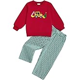 AUJUBUY Little Kid Boy Christmas Outfit Long Sleeve Crewneck Sweatshirt Plaid Pants Fall Winer Toddler Baby Christmas Clothes