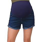 OUGES Womens Summer Maternity Denim Shorts Over The Belly Stretchy Cuffed Hem Casual Pregnancy Jean Shorts with Pockets