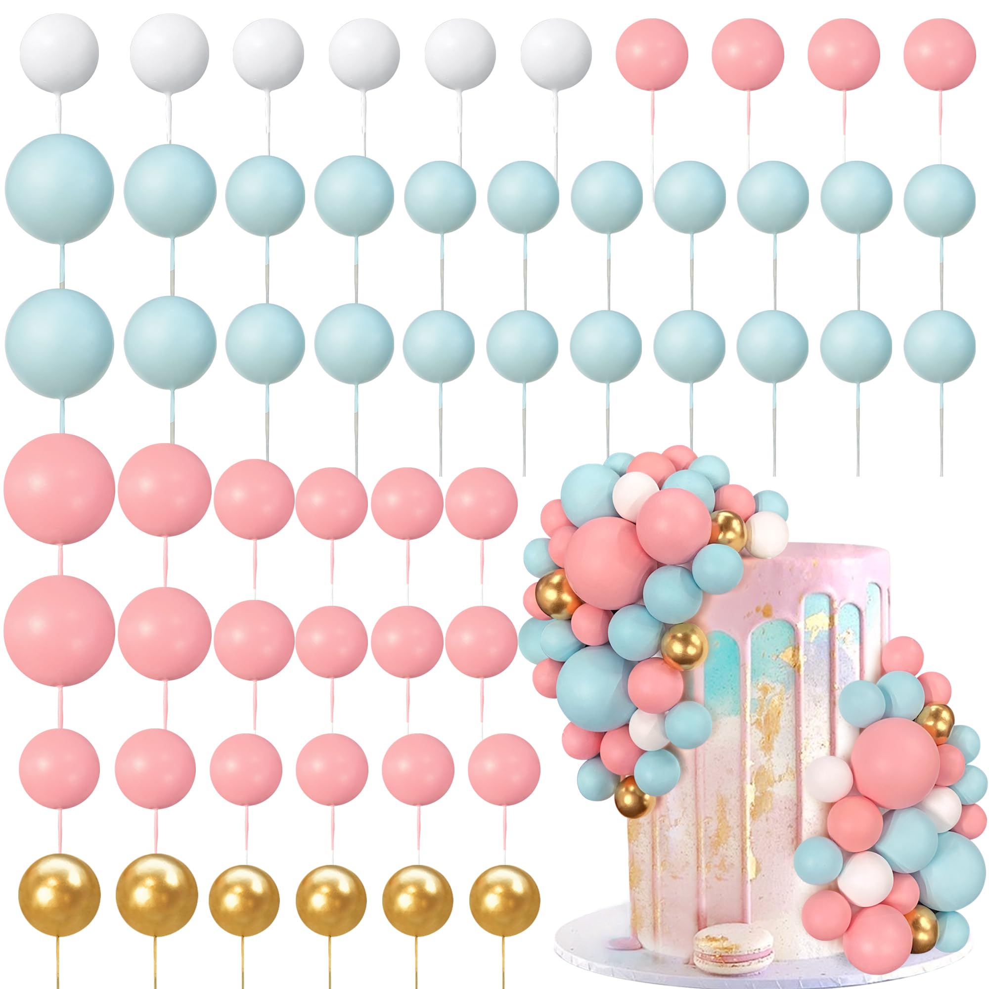 56 PCS Ball Cake Picks Colorful Ball Shaped Cake Topper Pearl Balls Cupcake Cake Insert Topper for Birthday Party Wedding Decoration Supplies Blue Pink Series Four Colors