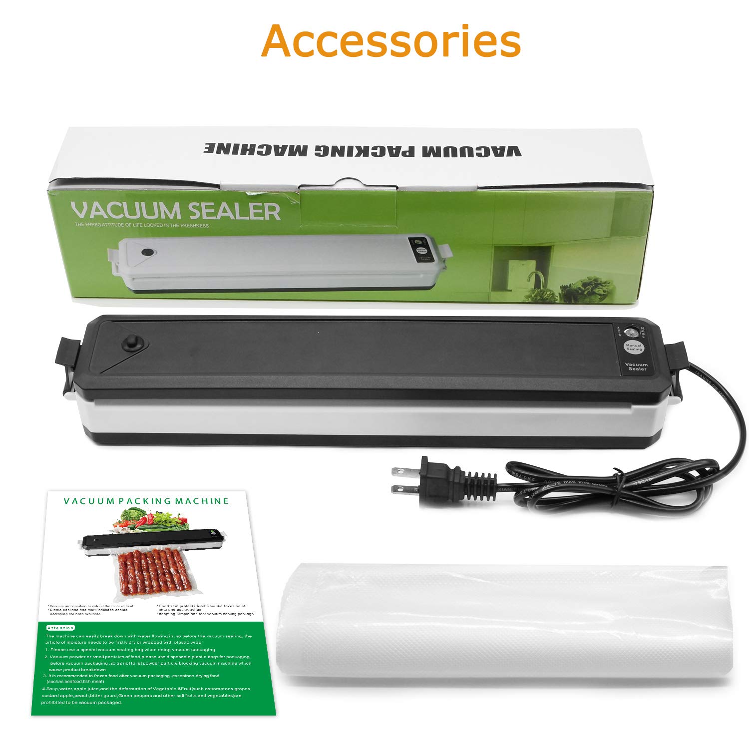 Vacuum Sealer, Sunvito Electric Automatic Food Sealer Machine with Premium Seal Bags for Meat, Eggs, Vegetables, Fruit Storage, Black