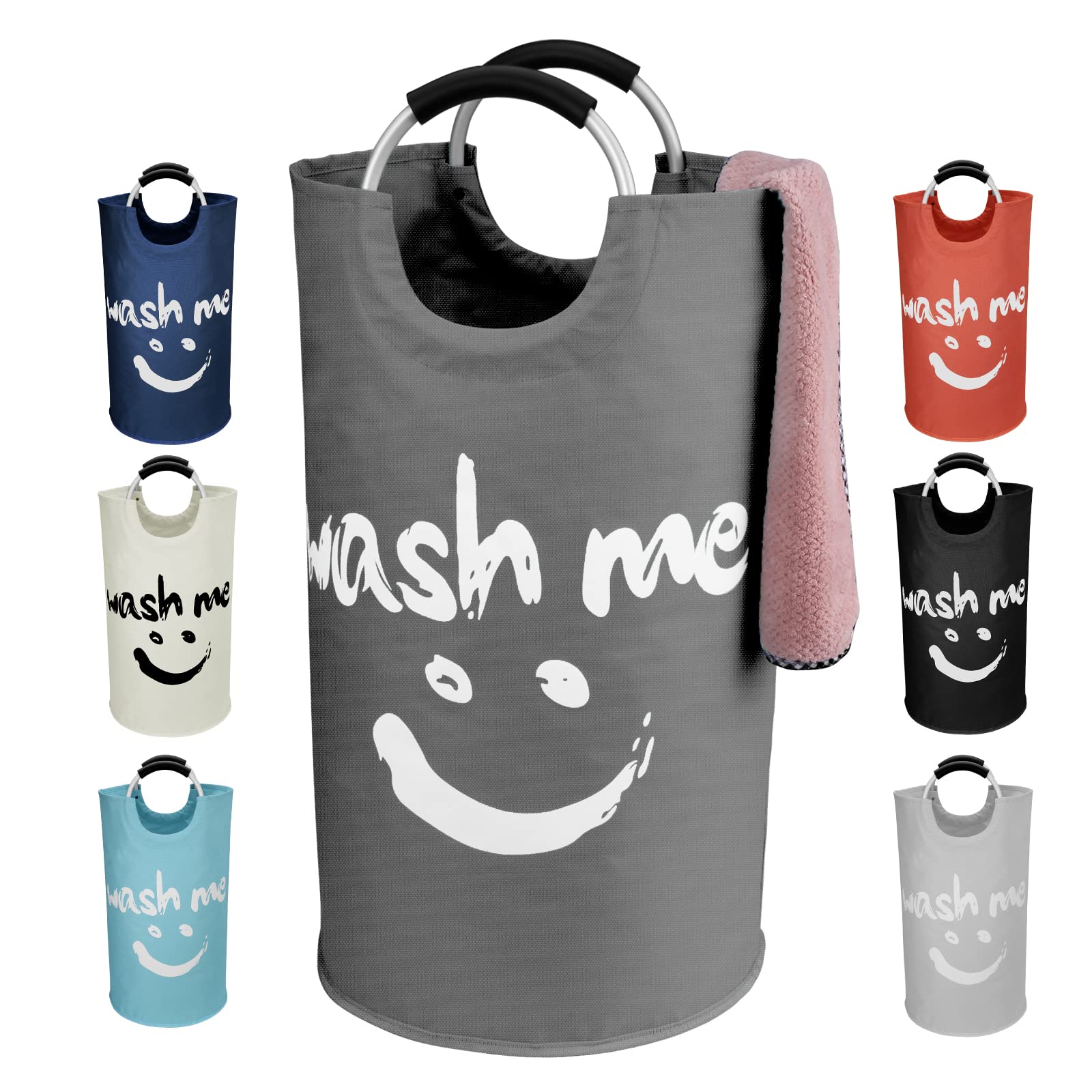 IHOMAGIC 115L Large Laundry Bin, Collapsible Laundry Hamper With Soft Handle, Oxford Fabric Storage Bag, Stand-up Laundry Clothes Basket Organisation with Smiley Pattern Design for Bathroom, Dark Grey