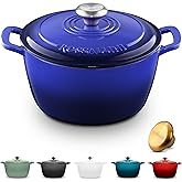 ROSSALLINI Signature Enameled Cast Iron Dutch Oven, Non-Stick Serving Pot with Tight Fitting Lid for Perfect Roasting, Baking, Sauteing, and Bread Making | 5.5Q (5.2L) - Indigo Blue