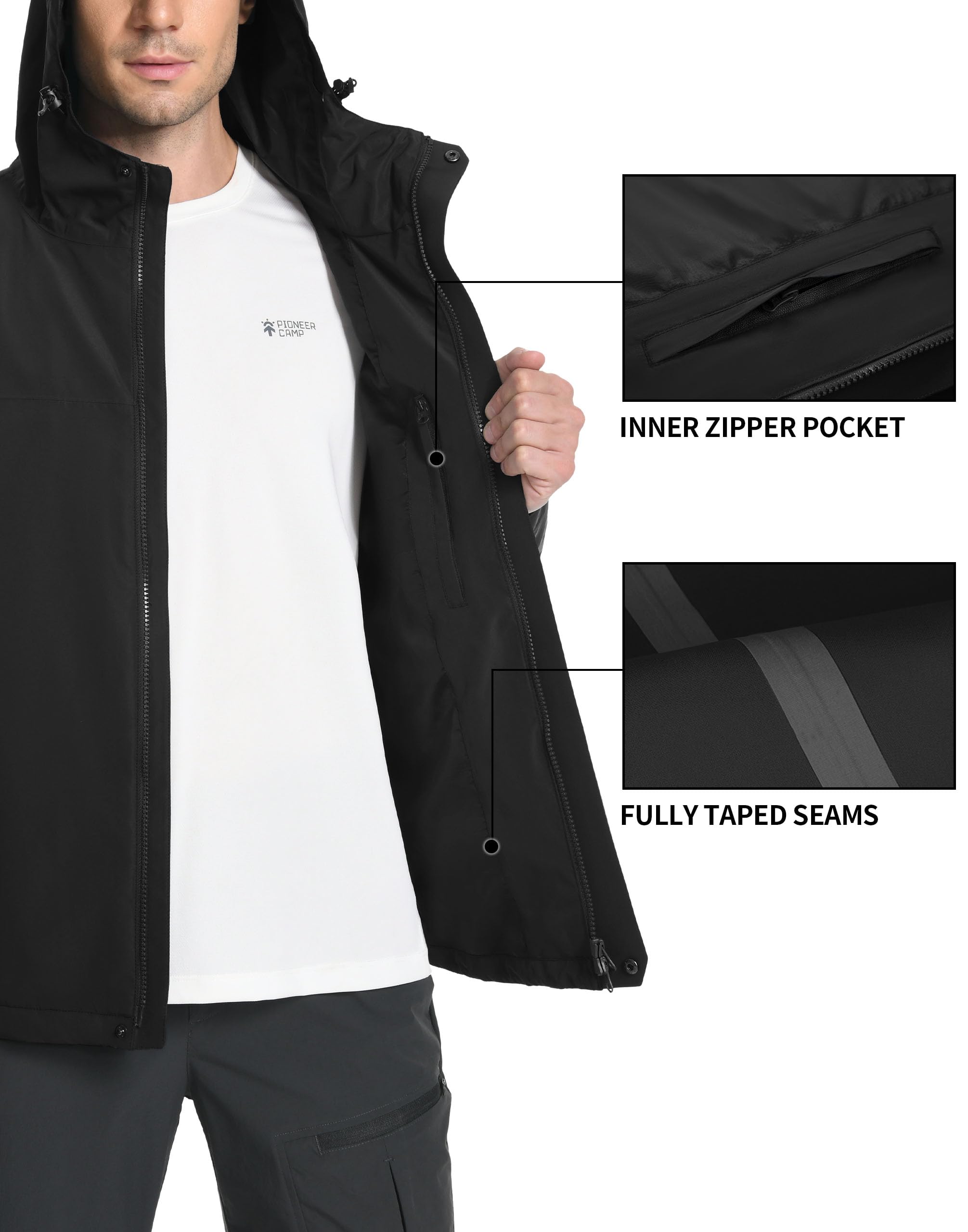 Pioneer Camp Herren Regenjacke Wasserdicht Atmungsaktiv Outdoor Jacke Mit Kapuze 4 Taschen Schwarz L 5
