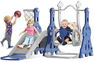 BIERUM 4 in 1 Toddler Slide and Swing Set, Baby Slide for Toddlers Age 1-2, with Basketball Hoop, Indoor Outdoor Toddler Playset Blue