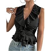 SOLY HUX Women's Ruffle Trim Deep V Halter Top Y2k Going Out Sleeveless Slim Fit Tank Shirts