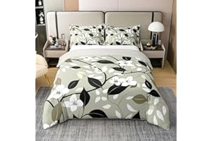 Erosebridal Garden Floral Bedding Set Queen Black White Leaves 100% Cotton Duvet Cover Rustic Botanical Comforter Cover for K