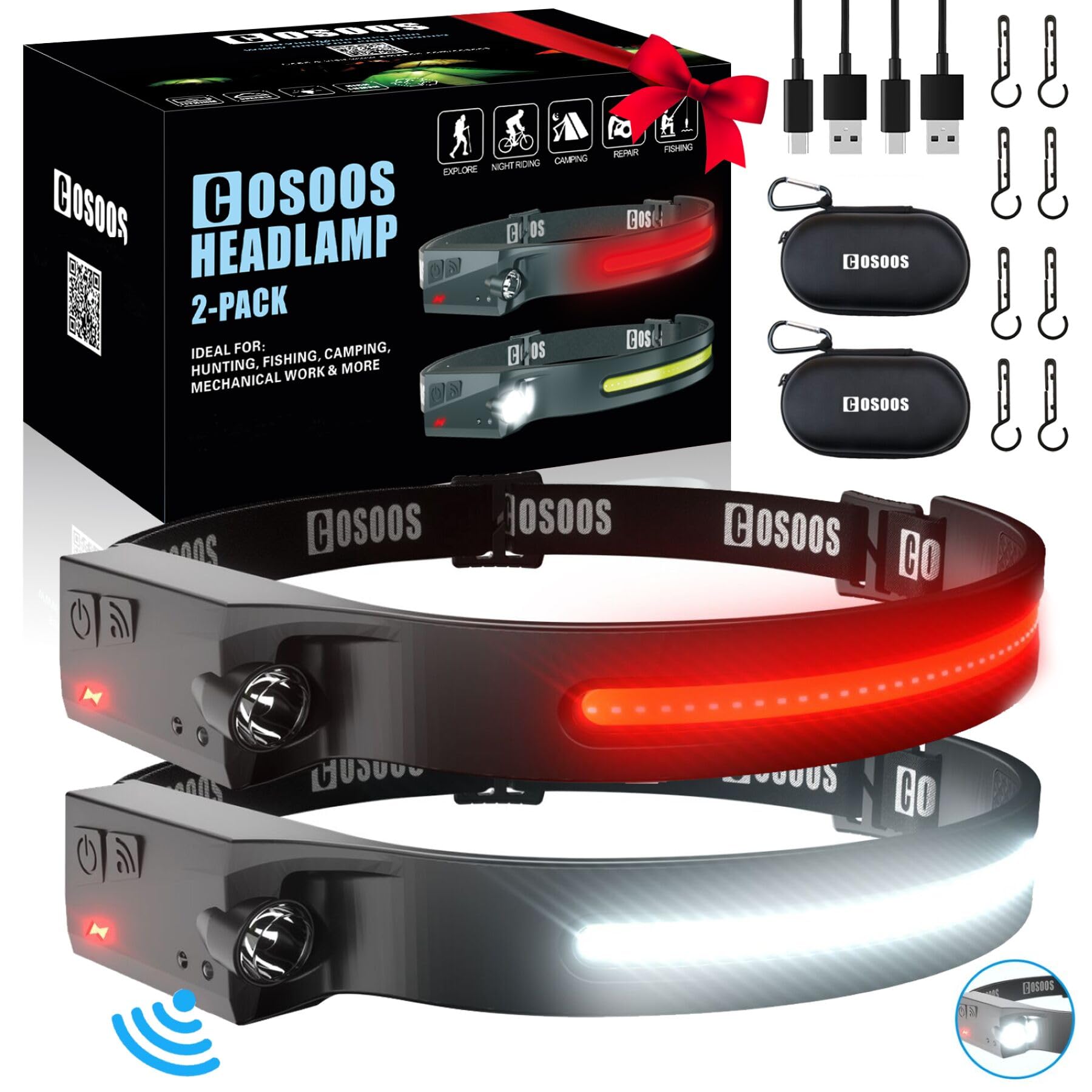 Photo 1 of COSOOS Original 2 Rechargeable Headlamp Flashlight w/Red Light & Carry Case,1000 Lumen Bright LED Head Lamp Wide Beam, Motion Sensor, 2.4 oz Lightweight Headlight for Hiking & Camping Gear