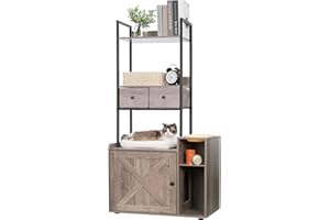 Hey-brother Litter Box Enclosure with 2 Storage Shelves and 2 Drawers, Large Hidden Cat Litter Box Furniture with Soft Cushion, Stores Most Litter Boxes and Cat Litter, Rustic Gray MPJ131SG