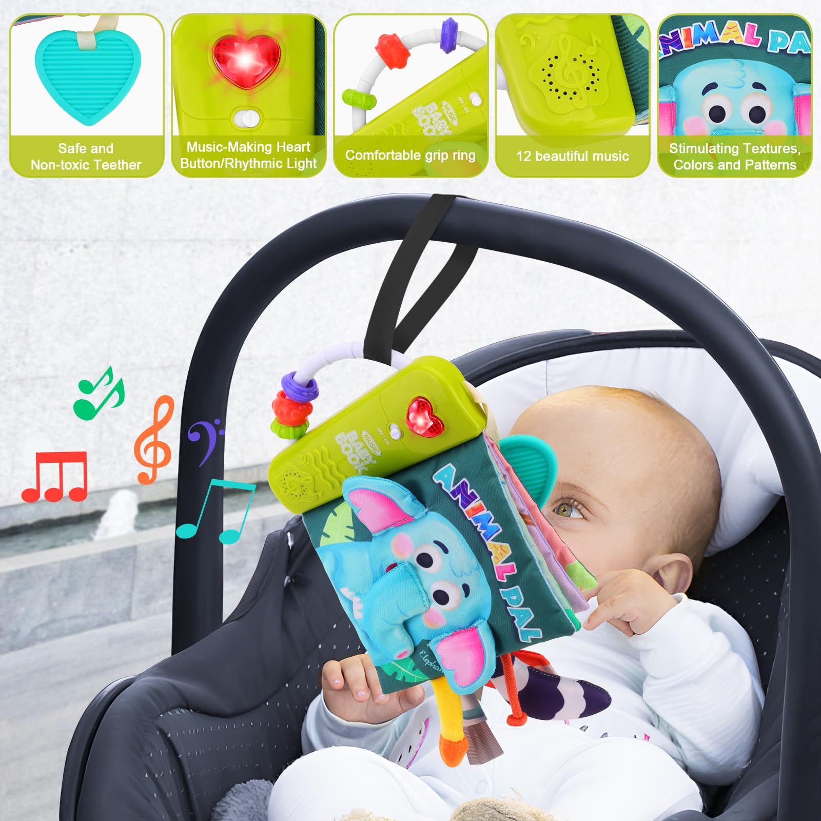 FPVERA Baby Cloth Book Sensory Books for Babies 0+ Months Baby Book for Toddlers Infant Toys Newborn Soft Cloth Touch Feel Tummy Time Book with Musical Boys Girls Early Learning Stroller Toy Gift