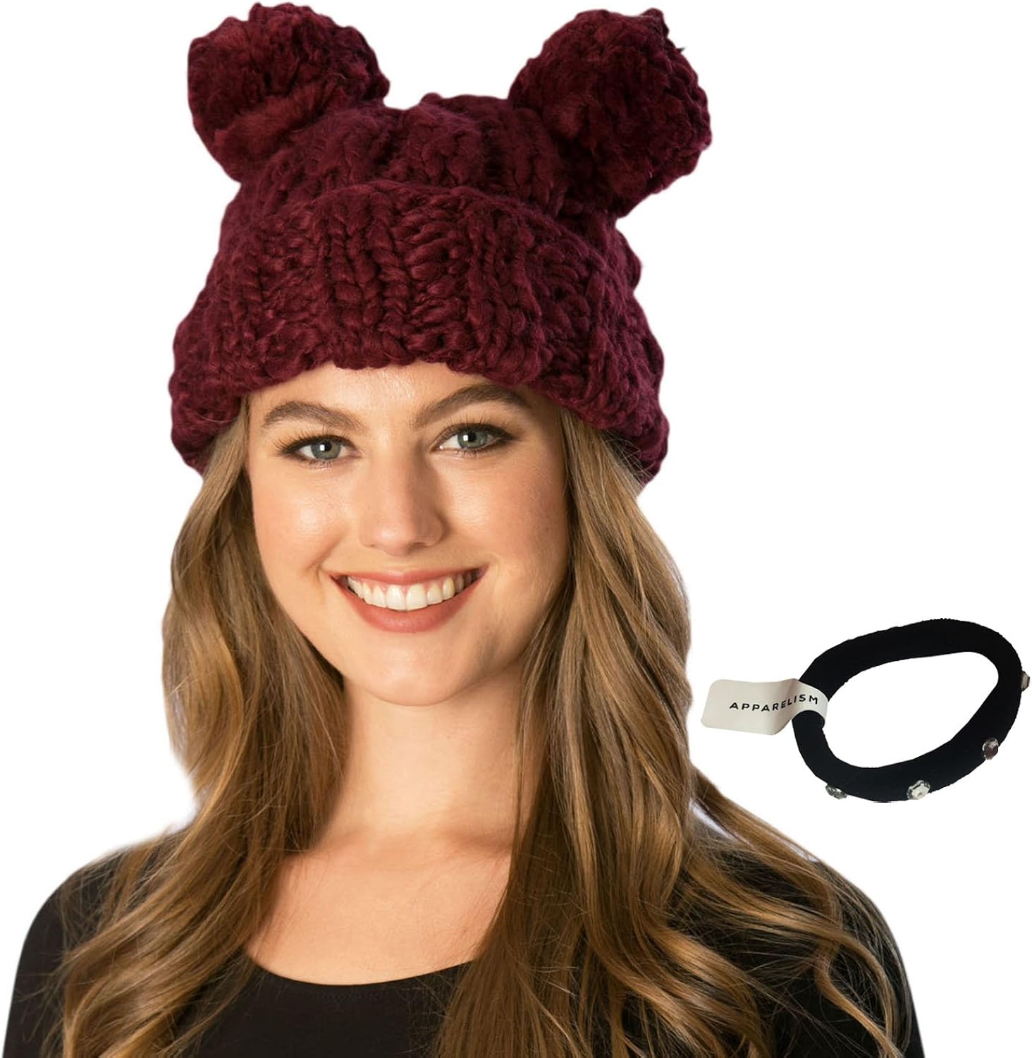 Simonetta Women S Handcrafted Soft Chunky Knitted Double Pom Pom Beanie Hat With Hair Tie Burgundy At Amazon Women S Clothing Store
