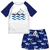 SunFocus Boys Two Piece Rash Guard Swimsuits Sets Bathing Suits with Trunks 4-12 Years