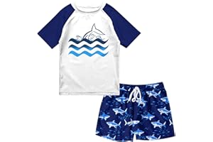 SunFocus Boys Two Piece Rash Guard Swimsuits Sets Bathing Suits with Trunks 4-12 Years