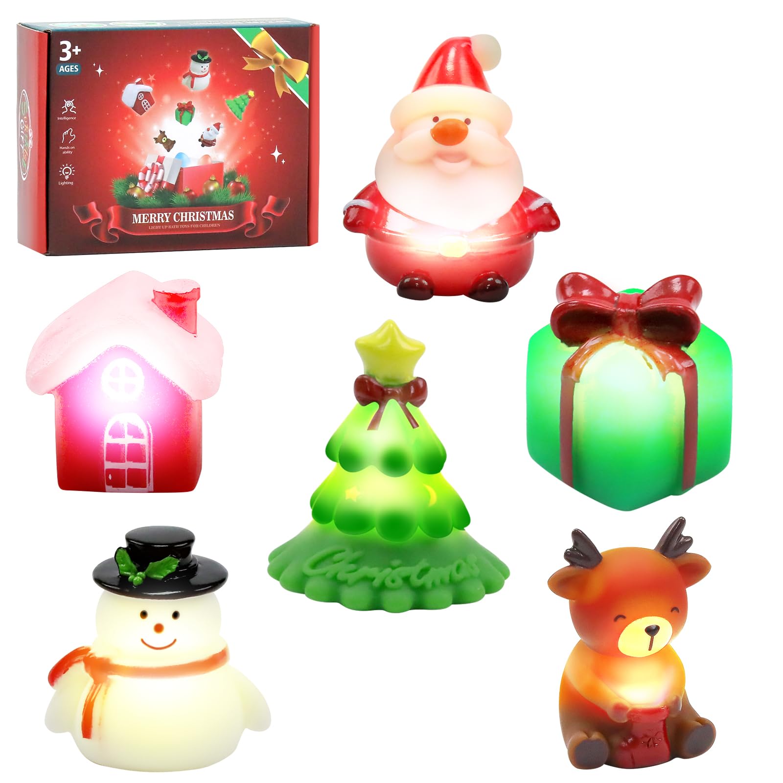 Christmas Light Up Bath Toys for Kids – 6PCS Baby Sensory Water Toys with Flashing Lights, Mould Free Toddler Bath Toys Gift Set for 1 2 3 Year Old Boys Girls