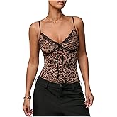 Milumia Women's Y2k Leopard Print Cami Top Lace Trim Bow Spaghetti Strap V Neck Crop Tops