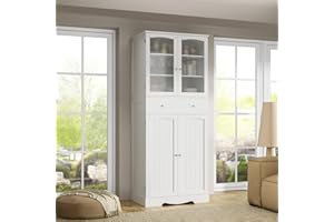 HORSTORS 71" Pantry Cabinet, Tall, Large Food Pantry, Freestanding Storage Cabinet with Drawer | Shelves | Glass Doors for Kitchen, Dining Living Room, Bathroom, White