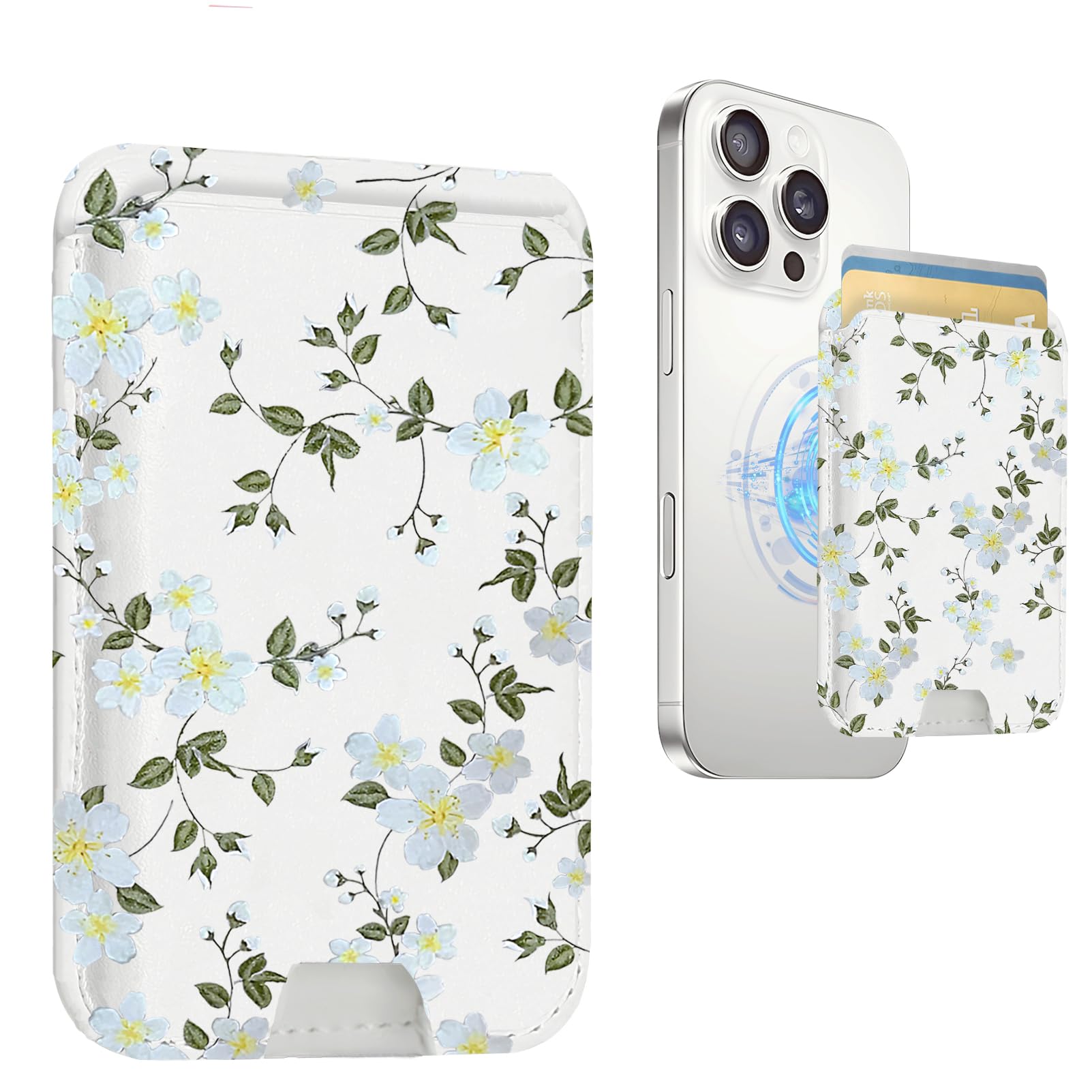 SANHERW Compatible with Magsafe Wallet Magnetic Card Holder,Cute Leather White Flower Phone Wallets with Women Girl for iPhone 16/15/14/13/12 Series Slim for Apple Mag RFID Magnet, Fit 3 Cards