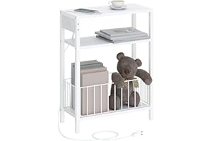 TRIFEBLE Narrow Side Table with Charging Station, Small End Table for Small Spaces, Slim Nightstand with Storage Basket, 3 Tier Skinny Bedside Table for Living Room, Bedroom, White