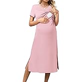 OUGES Womens 2025 Summer Short Sleeve Maternity Nursing Dress V Neck Breastfeeding Split Pregnancy Clothes with Pockets